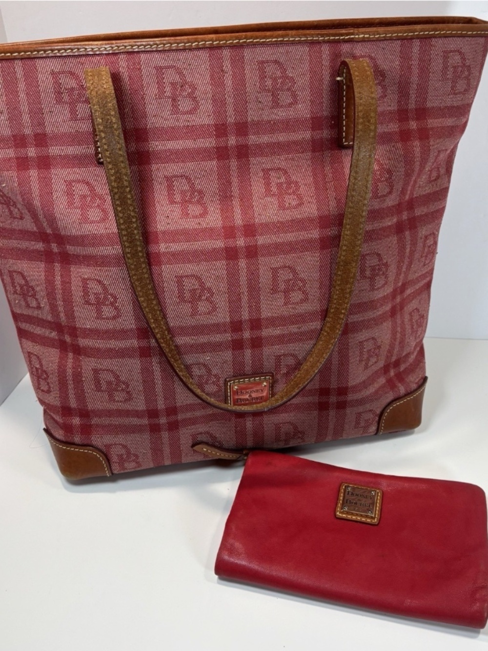 Dooney And Bourke Red Plaid Canvas Signature Large Tote/Red Leather Zip Wallet
